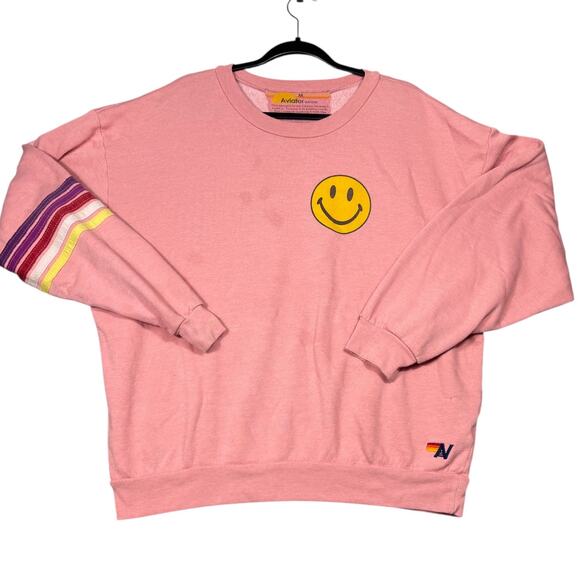Aviator Nation Pink Smiley Face Crewneck Sweatshirt Size M - Picture 2 of 7
